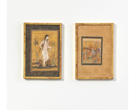 NUDE LADY AND MAHARADJA AT A BANQUET IN THE BLOOMING GARDEN.  Mughal India. 17th-18th c.  Pigments and gold leaf on paper. Ma