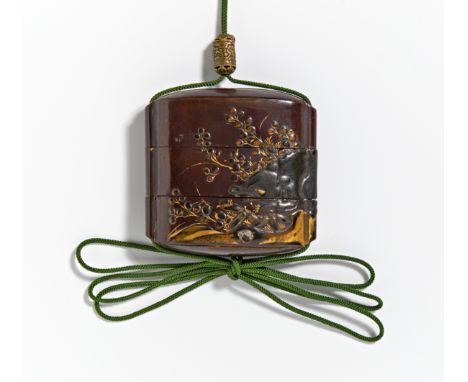 INRÔ WITH BOAR SLEEPING IN THE SEVEN AUTUMN HERBS.  Japan. 18th-19th c.  A bit browned black lacquer, takamaki e with gold an