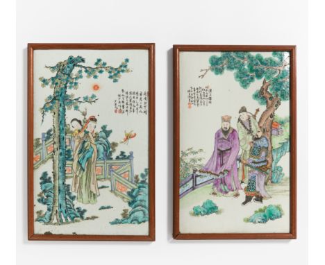 TWO PORCELAIN PLATES WITH TWO BEAUTIES RESP. THREE HEROS.  China. Ca. 1900.  Porcelain painted in enamel. a) Two ladies on a 