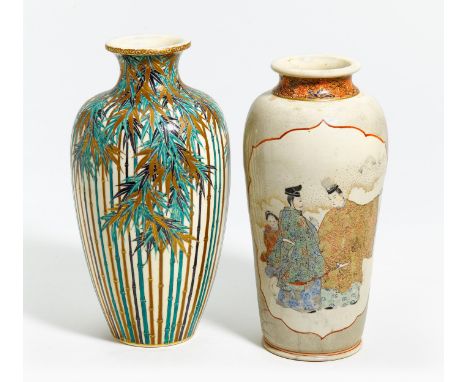 TWO SATSUMA VASES, ONE WITH BAMBOO, THE OTHER WITH GENJI-MOTIV.  Japan. Meiji period (1868-1912).  Satsuma stoneware, painted