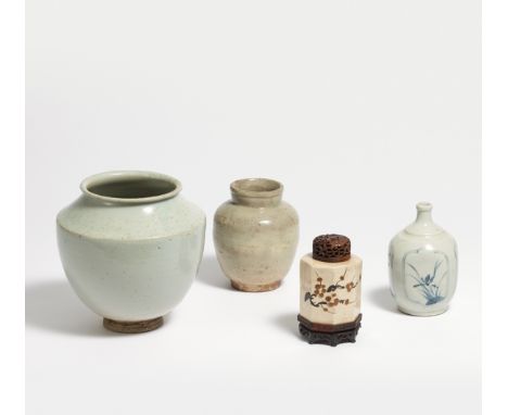 AN ELEGANT MOON VASE AND THREE MORE JARS.  Korea. 17th-19th c.  Stoneware/porcelain, partly painted, some glazes with crazing