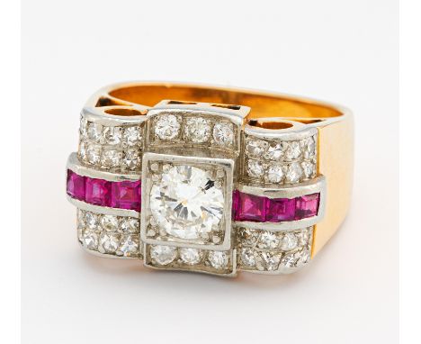 DIAMANT-RUBIN-RING. 750/- Gelb- und Weißgold, getestet, Gesamtgewicht: ca. 10,0 g. EU-RM: 53. 38 kleine Diamanten, 1 Diamant 