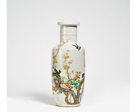 ROULEAU VASE WITH MAGPIES ON FLOWERING PLUMS.  China. 19th c.  Porcelain, finely painted with the colors of famille rose. H.4