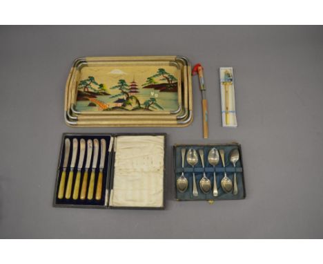 Set of three small Chinese lap trays painted with eastern scenes, a Japanese Katana style and European sword style letter ope
