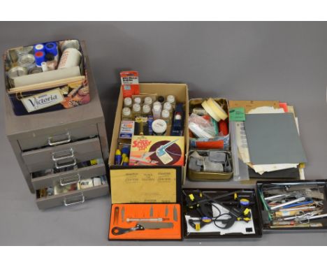Collection of model making equipment, small five drawer metal chest containing large number of enamel paint and various other