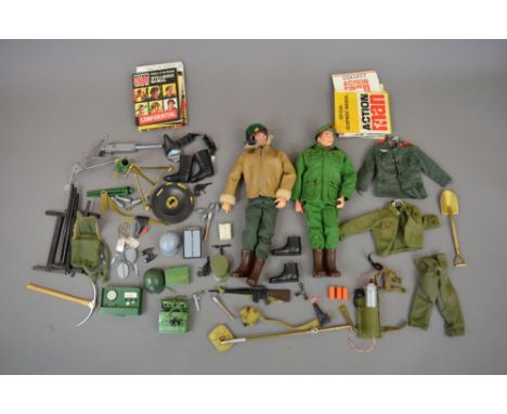 Two vintage Action Man figures in mint condition (unboxed) and a collection of guns, ammunition boxes, tools, magazines and c