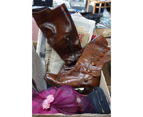 A PAIR OF LADIES' KNEE LENGTH BROWN BOOTS circa 1970's with button detail to the side, size 5, a vintage handbag and other ha