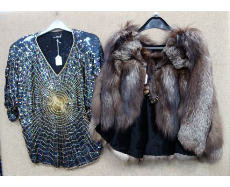 A LADIES VINTAGE FOX FUR SHORT JACKET and a beaded and sequined top with "spider web" decoration 