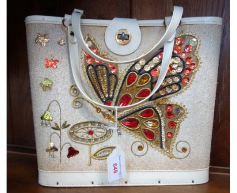 A VINTAGE HANDBAG CIRCA 1950'S, the front decorated with sequins and bugle beads depicting a large butterfly