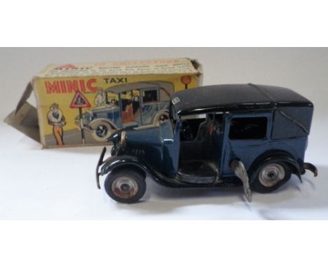 TRI-ANG MINIC; A TINPLATE CLOCKWORK TAXI with blue and black paint work and original box