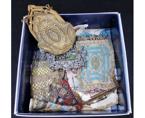 A COLLECTION OF FIVE VINTAGE BEADWORK BAGS A WHITE ORNAMENTAL BAG CLASP, and a beaded collar panel