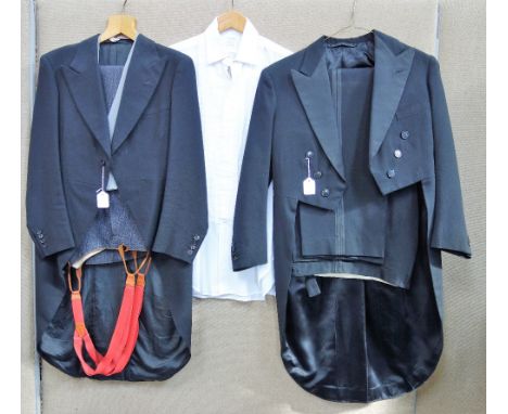 A VINTAGE GENTLEMAN'S MORNING SUIT, with waistcoat, trousers and shirt and a gent's tailcoat with trousers