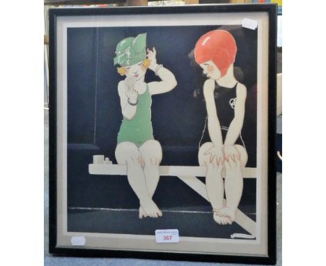 RENE VINCENT; A 1920'S PRINT OF TWO GIRLS in bathing costumes, 39 cm high x 35 cm wide (within frame)