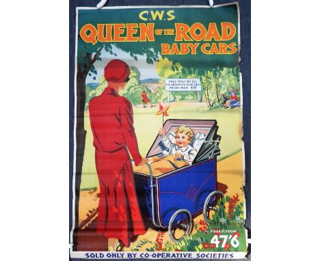 A CWS POSTER "QUEEN OF THE ROAD baby cars" only sold by Co-operative societies" circa 1920's, 73 cm high x 48 cm wide