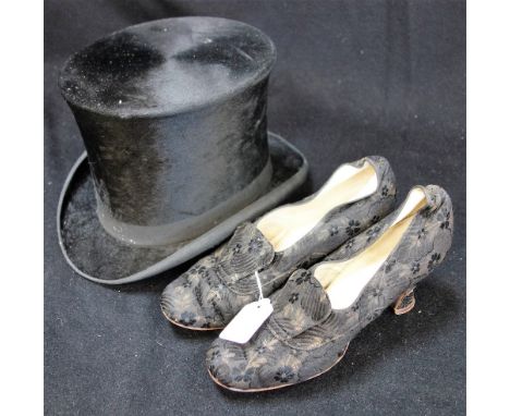 1920'S LADIES SATIN SHOES WITH A LOUIS HEEL SIZE 3, a bowler hat and a vintage top hat(3)