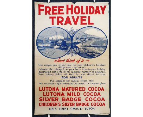 RAILWAY INTEREST; A CWS POSTER "FREE HOLIDAY TRAVEL" depicting a steam train and seaside resort, "One coupon per return mile"