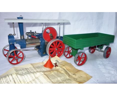 WILESCO; A STEAM TRACTION ENGINE, "Old Smoky" with blue paint work and a green trailer