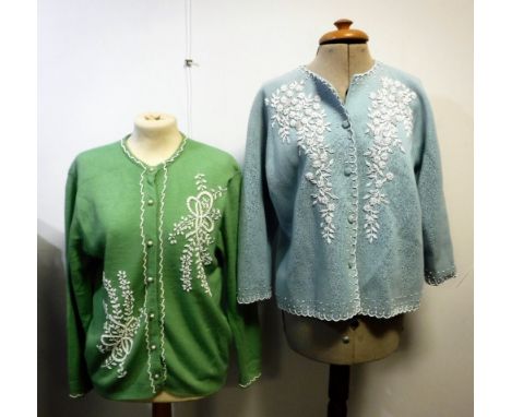 DUCK EGG BLUE, LADIES VINTAGE CARDIGAN IN ACRYLIC KNIT, with white bugle bead and pearl decoration, simulating flowers and gr