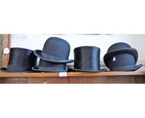 THREE MEN'S VINTAGE BOWLER HATS AND TWO TOP HATS