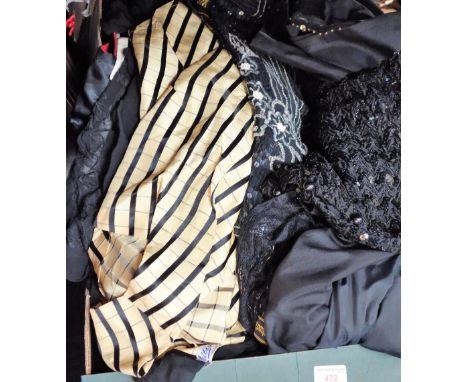 A VINTAGE BLACK LACE BLOUSE from Hampstead Bazaar, decorated with bugle beads to the collar, a yellow and black vintage satin