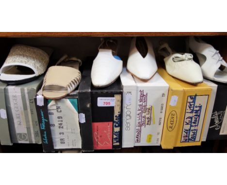 FERRAGAMO: a pair of ladies white & cream flat heeled sandals, and five other pairs of ladies vintage sandals 