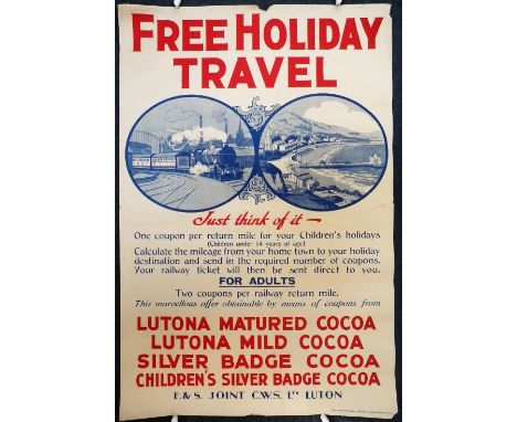 RAILWAY INTEREST; A CWS POSTER "FREE HOLIDAY TRAVEL" depicting a steam train and seaside resort, "One coupon per return mile"