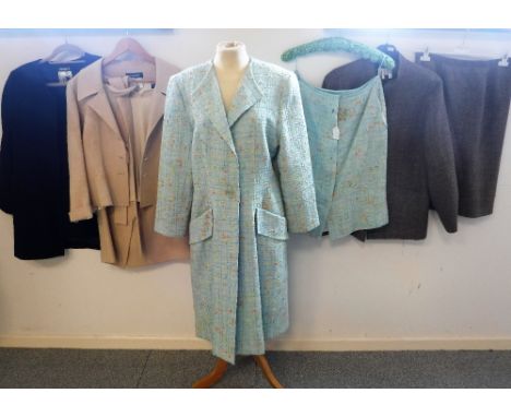 JEAN MUIR: Long coat with one button fastening in blue with yellow, orange and green woven detail with matching skirt and thr