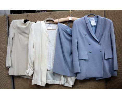 VALENTINO; A VINTAGE SIZE 12 SUIT with black tie detail, another in powder blue and two Valentino skirts