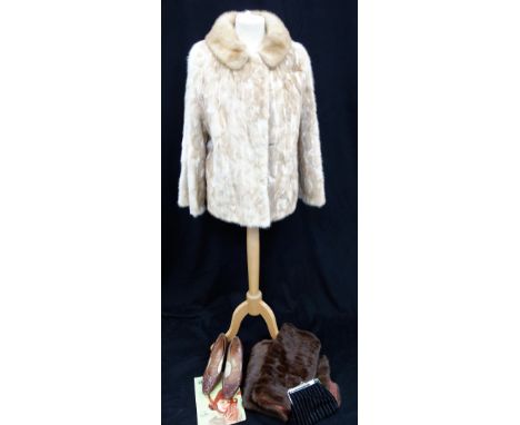 J HARRISON & CO: A VINTAGE LADIES SHORT MOTTLED CREAM FUR COAT, a brown fur stole and a pair of Vintage brown "crocodile" sho