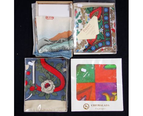 A VINTAGE SILK SQUARE ORIENTAL SCARF and three other vintage silk boxed silk scarves