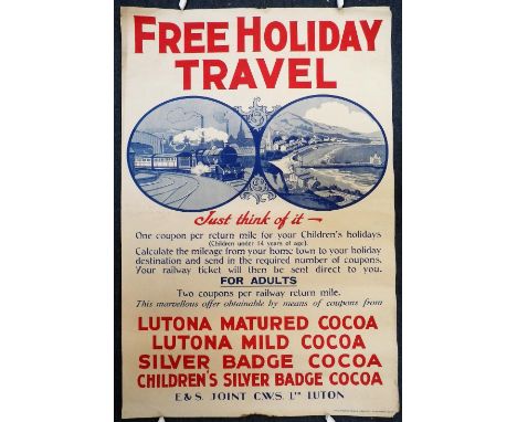 RAILWAY INTEREST; A CWS POSTER "FREE HOLIDAY TRAVEL" depicting a steam train and seaside resort, "One coupon per return mile"
