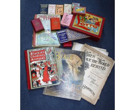 AN EDWARDIAN "LOTTO" GAME, a collection of Vintage playing cards and a collection of early 20th century children's books to i