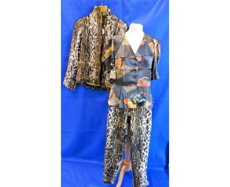 A VINTAGE TWO PIECE TROUSER SUIT in faux animal print by M Camozzi circa 1960's size 8 and a black and multi-silk lady's blou