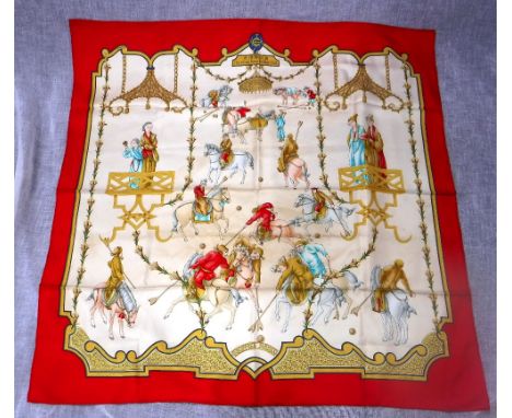 HERMES: A limited edition silk scarf, made for the Hong Kong Jockey Club, depicting oriental polo players and signed at the b