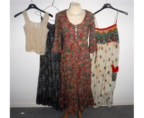 A VINTAGE LIBERTY PRINT DRESS, circa 1970's with lace detail to the front, another similar 1970's cheesecloth sundress, a kni