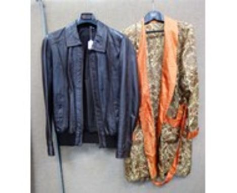 VINTAGE MENS BROWN SHORT LEATHER JACKET, and a yellow and brown paisley dressing gown(2)