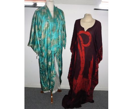 A 1970'S VINTAGE PRINT SCREEN COTTON KIMONO, together with a Japanese oriental silk kimono in pale blue gold thread and white