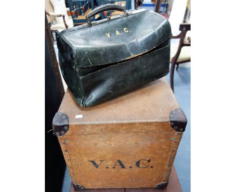 A VICTORIAN LEATHER DOCTOR'S GLADSTONE BAG, with fitted interior and a large 19th century canvas covered trunk, both with the