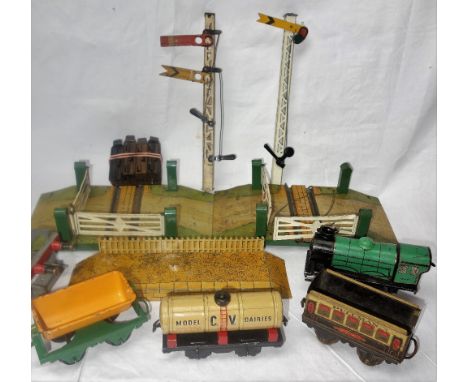 A CHAD VALLEY CO LTD "O GAUGE" DAIRY WAGON, similar O gauge rolling stock by Hornby, two signals, crossings and a large quant