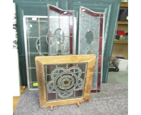 Pair of leaded clear glass window panes with red glass borders, a stained glass panel in oak fire screen and a modern stained