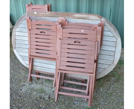 Modern wood garden bench and six folding wooden chairs (7) 