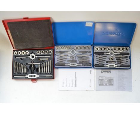Collection of handheld workshop tools including 3 tap and die sets, hole saw, Como drill with accessories and spare collets e