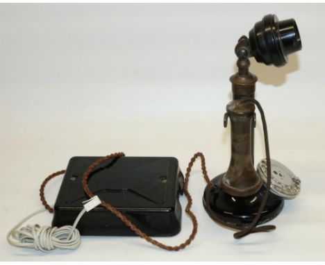 1920's G.P.O. candlestick telephone with Bakelite mouth piece and ear piece, some damage with G.P.O. war box converted to mod