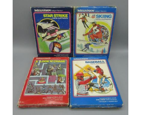Four Intellivision games by Mattel Electronics: Lock 'n' Chase, Baseball, Skiing &amp; Stark Strike 