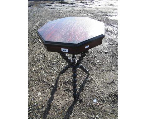 C20th Gypsy type table, octagonal top on open work bobbin turned supports, D48cm x H68cm 