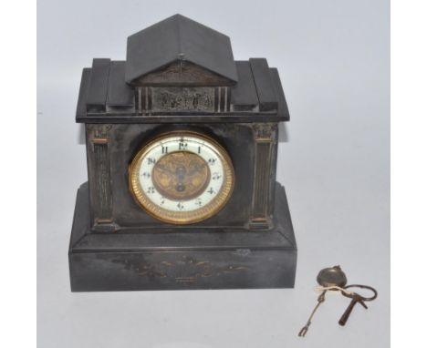 Late 19th century French slate mantel architectural timepiece, movement numbered 4120 48. Complete with pendulum and key. W26