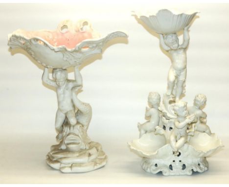 Naples white glazed ceramic centrepiece modelled as a cherub and dolphin, H44cm, and a similar white glazed centrepiece marke