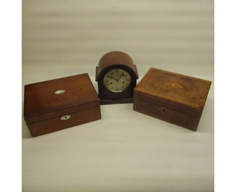 Victorian inlaid walnut rectangular jewellery box, similar mahogany jewellery box, arched top mantel clock with silvered Arab