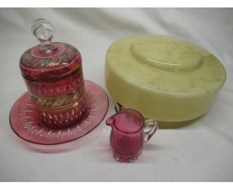 1930's hanging mottled glass lampshade, C19th cranberry glass cream jug, late C19th Bohemian glass bonbon jar with applied en
