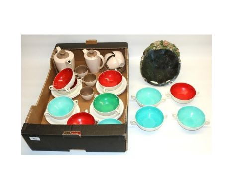 Vintage Barbola type mirror, Poole pottery part coffee service and eleven Grindley two handled soup bowls and stands (qty) 